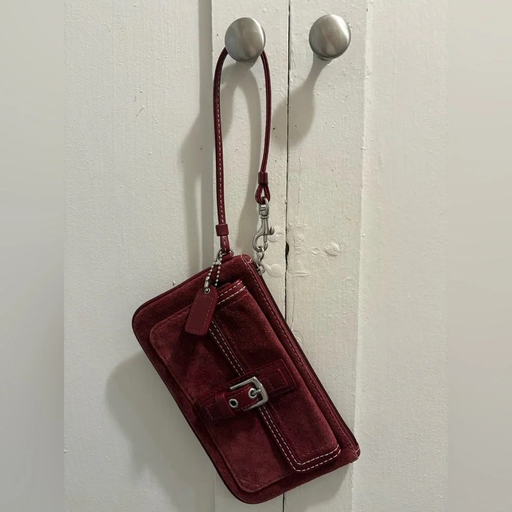 Coach Red/Burgundy Suede Leather Wristlet Bag - Picture 2 of 14